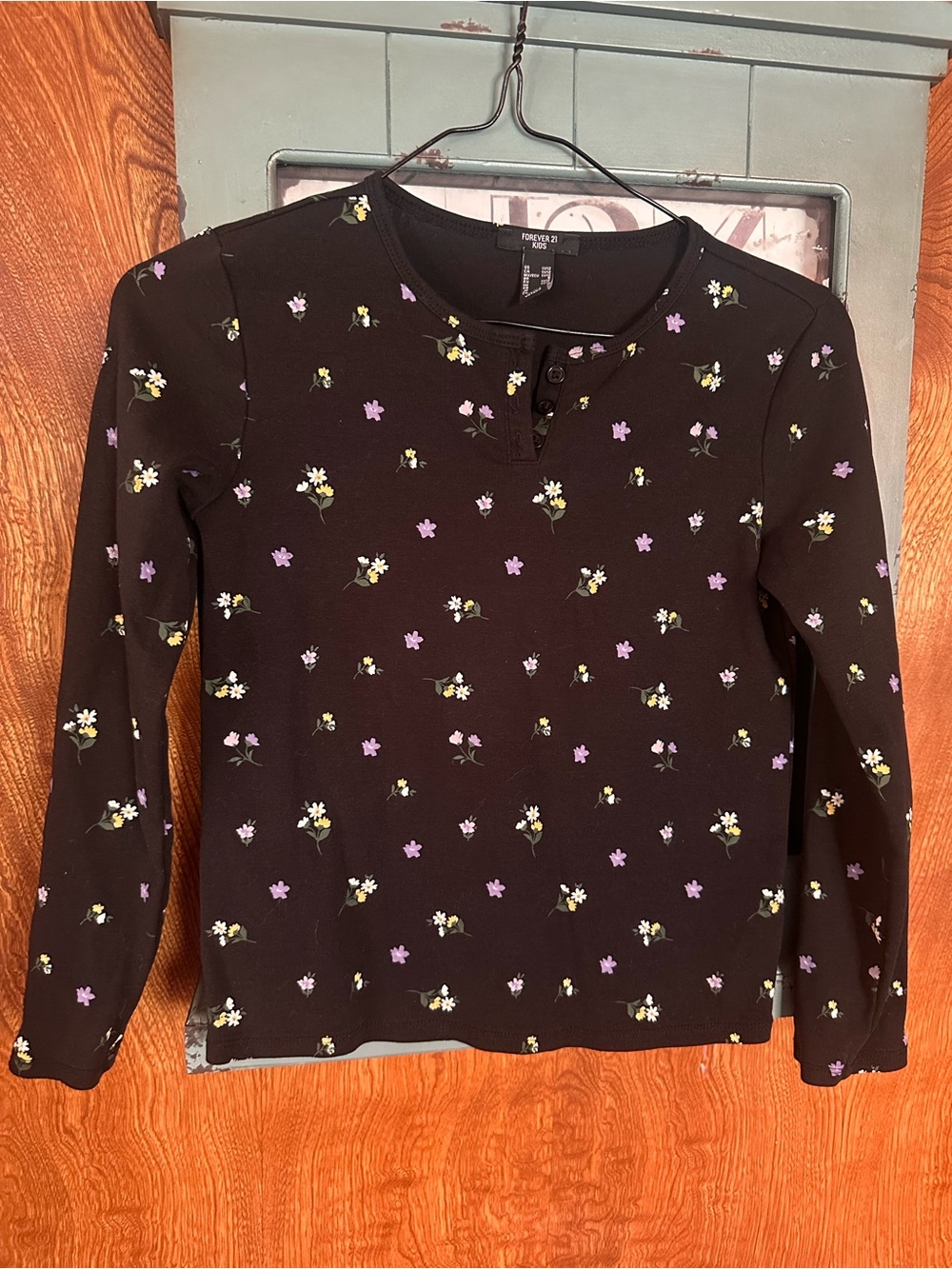 Forever 21 Black Floral Henley with Purple & Yellow Blooms